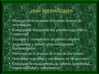 ...más aprendizajes Manejar eficientemente diferentes fuentes de información. Comprender fenómenos del entorno específico y contextual Escuchar y comunicarse de manera efectiva. Argumentar y debatir ideas sólidamente fundamentadas. Participar en el proceso de toma de decisiones Demostrar seguridad y autonomía en las acciones Cuestionar la escala propia de valores: honestidad, responsabilidad y compromiso. 