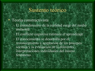 Sustento teórico Teoría constructivista El entendimiento de la realidad surge del medio ambiente. El conflicto cognitivo estimula el aprendizaje El conocimiento se desarrolla por el reconocimiento y aceptación de los procesos sociales y la evaluación de ls diferentes interpretaciones individuales del mismo fenómeno. 
