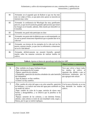 Aislamiento y cultivo de microorganismos en casa, construcción y análisis de un
mesocosmos, y gamificación
Acta biol. Colomb. 2020
11 -Fernanda: en el segundo quiz de Kahoot sí que me fue mal,
esta vez culpo a Claro, ya que para estos quices se necesita un
internet muy veloz
12 -Fernanda: la conferencia de Micología fue muy gratificante
para mí, ya que me di cuenta las grandes aplicaciones que tienen
los hongos en el mundo, además, falta mucho por descubrir en
Colombia
13 -Fernanda: me gustó más participar en clase
14 -Fernanda: me gusta más la didáctica que se está manejando, en
la cual se ponen situaciones hipotéticas que se pueden dar en la
vida real
15 -Fernanda: esa técnica de los ejemplos de la vida real me ha
puesto a pensar mucho, ya que uno se enfrentaría a situaciones
así en la vida laboral
16 -Fernanda: definitivamente me encantó Genially, aprendí
mucho sobre las maneras correctas de realizar medios de
cultivo.
Tabla 6. Aportes al diario de aprendizaje individual de ABP
Semana Apreciaciones Observaciones o comentarios
6 -Piña: turbidez en el agua, burbujas de gas.
-Papa: desintegración de la papa.
-Papaya: aparición de colonias.
-Champiñón: aparición de micelios alrededor de cada laminilla
del champiñón.
-Jugo de papaya: no hay cambios.
-Control: no hay cambios.
Tuve que volver a hacer todos
los medios de cultivo al
siguiente día, debido a que se
derritieron totalmente, por lo
que agregué más azúcar.
7 -Piña: cambio de color del agua a un color amarillo, aparición
de burbujas, y se realizó una toma del agua para sembrarlo en
un medio de cultivo.
-Papa: cambio de color de la papa, emisión de olores muy
fuertes y desagradables, y se observa que la parafina se ha
movido.
-Papaya: aumento de las colonias, y con distintas formas,
además, cada colonia se tornó de una tonalidad verde, negra y
blanca, por lo que se realizó repliques.
Con la nueva fórmula, no se me
han derretido los medios de
cultivo.
 
