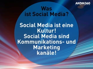 21
Was
ist Social Media?
Social Media ist eine
Kultur!
Social Media sind
Kommunikations- und
Marketing
kanäle!
 