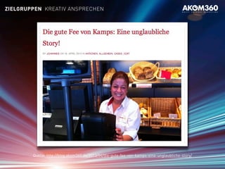 Quelle: http://blog.akom360.de/2013/04/die-gute-fee-von-kamps-eine-unglaubliche-story/
ZIELGRUPPEN KREATIV ANSPRECHEN
 