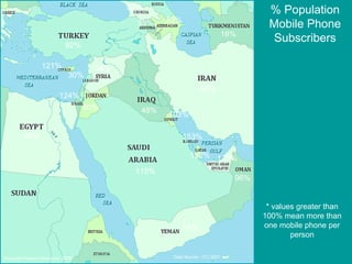 92% 52% 52% 39% 54% 16% 40% 121% 34% 30% 124% 96% 48% 153% 173% 103% 152% 14% 115% 80% % Population Mobile Phone Subscribers Copyright Kalaam Media Ltd. 2008 Data Source - ITU 2007 * values greater than 100% mean more than one mobile phone per person 