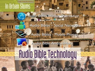 Audio Bibles Internet Distribution Audio Bibles – Social Networks Audio Bibles - Mobile Phones Audio Bible Ambassadors 