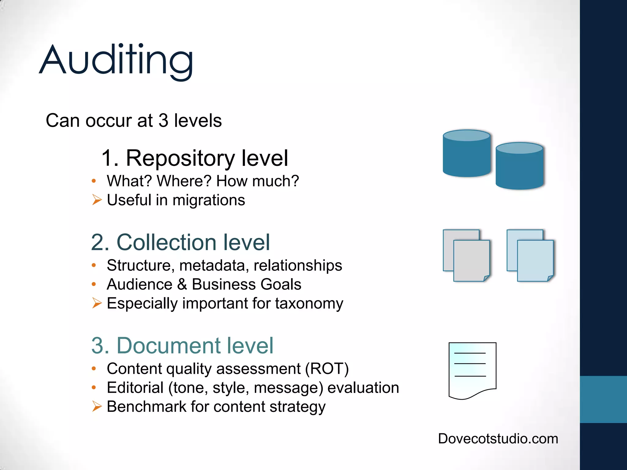 Auditing
Can occur at 3 levels
1. Repository level
• What? Where? How much?
 Useful in migrations
2. Collection level
• Structure, metadata, relationships
• Audience & Business Goals
 Especially important for taxonomy
3. Document level
• Content quality assessment (ROT)
• Editorial (tone, style, message) evaluation
 Benchmark for content strategy
Dovecotstudio.com
 