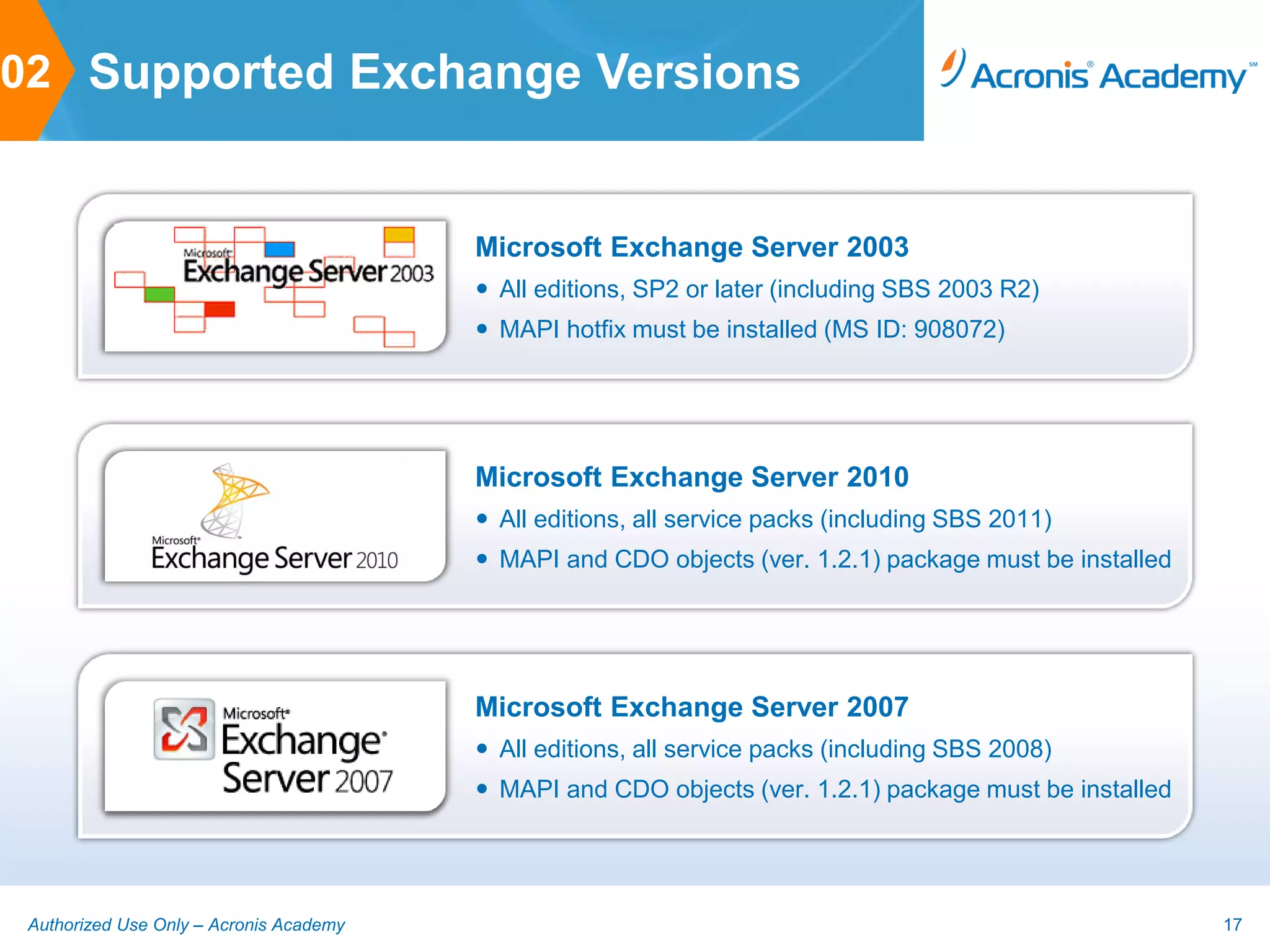 02 Supported Exchange Versions


                                         Microsoft Exchange Server 2003
                                          All editions, SP2 or later (including SBS 2003 R2)
                                          MAPI hotfix must be installed (MS ID: 908072)




                                         Microsoft Exchange Server 2010
                                          All editions, all service packs (including SBS 2011)
                                          MAPI and CDO objects (ver. 1.2.1) package must be installed




                                         Microsoft Exchange Server 2007
                                          All editions, all service packs (including SBS 2008)
                                          MAPI and CDO objects (ver. 1.2.1) package must be installed




 Authorized Use Only – Acronis Academy                                                                   17
 