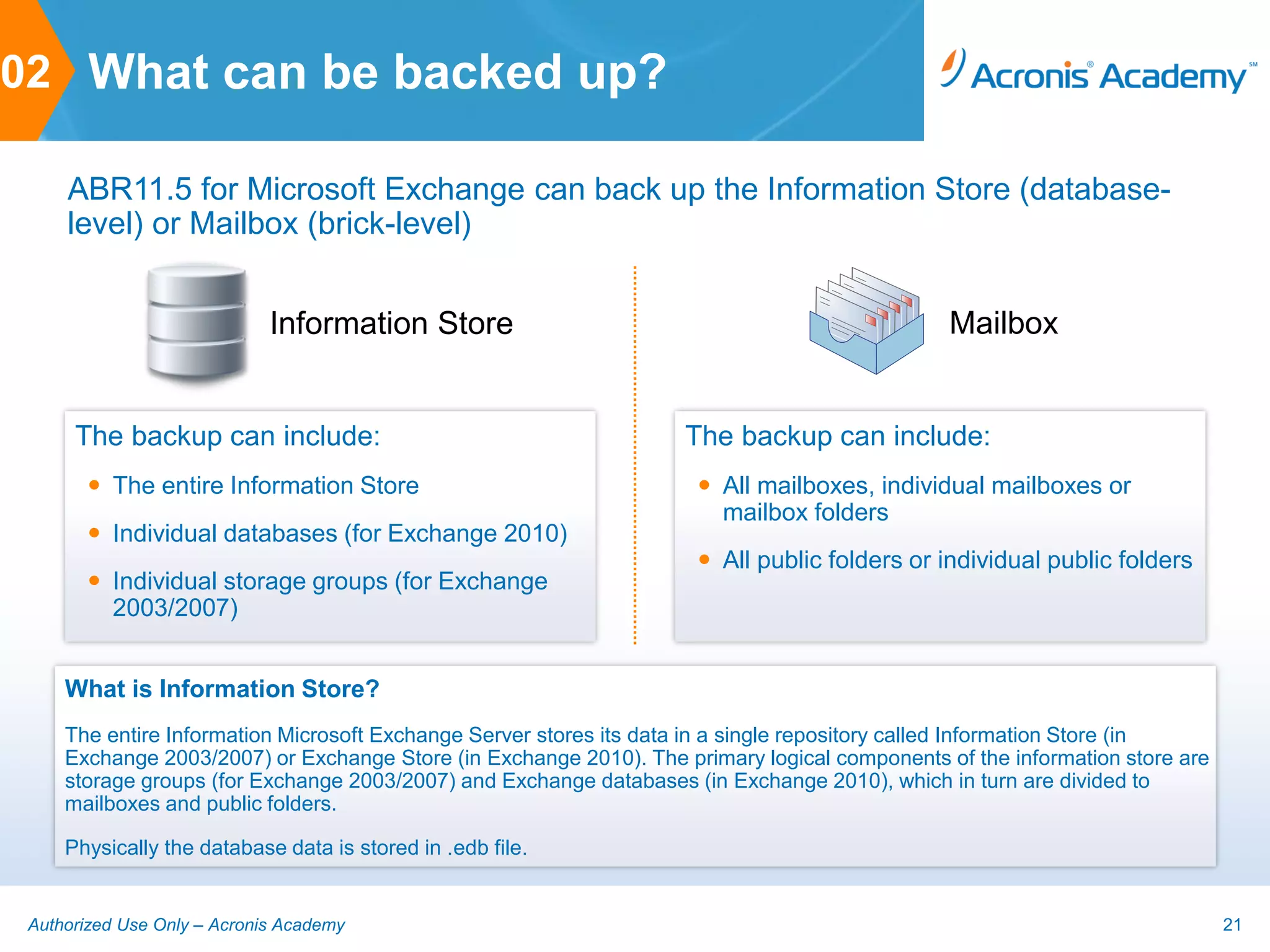 02 What can be backed up?

     ABR11.5 for Microsoft Exchange can back up the Information Store (database-
     level) or Mailbox (brick-level)


                             Information Store                                                 Mailbox


      The backup can include:                                       The backup can include:
        The entire Information Store                                 All mailboxes, individual mailboxes or
                                                                       mailbox folders
        Individual databases (for Exchange 2010)
                                                                      All public folders or individual public folders
        Individual storage groups (for Exchange
         2003/2007)


     What is Information Store?
     The entire Information Microsoft Exchange Server stores its data in a single repository called Information Store (in
     Exchange 2003/2007) or Exchange Store (in Exchange 2010). The primary logical components of the information store are
     storage groups (for Exchange 2003/2007) and Exchange databases (in Exchange 2010), which in turn are divided to
     mailboxes and public folders.

     Physically the database data is stored in .edb file.


 Authorized Use Only – Acronis Academy                                                                                       21
 