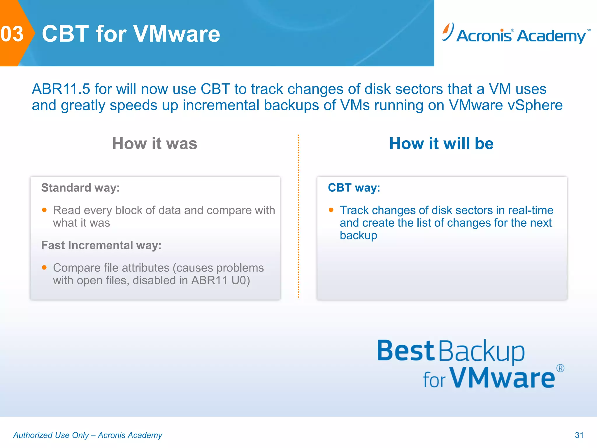 03 CBT for VMware

     ABR11.5 for will now use CBT to track changes of disk sectors that a VM uses
     and greatly speeds up incremental backups of VMs running on VMware vSphere

                         How it was                              How it will be

       Standard way:                                 CBT way:
        Read every block of data and compare with    Track changes of disk sectors in real-time
         what it was                                   and create the list of changes for the next
                                                       backup
       Fast Incremental way:
        Compare file attributes (causes problems
         with open files, disabled in ABR11 U0)




 Authorized Use Only – Acronis Academy                                                               31
 