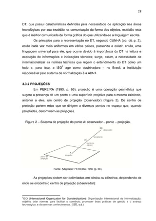 28
DT, que possui características definidas pela necessidade de aplicação nas áreas
tecnológicas por sua exatidão na comunicação da forma dos objetos, exatidão esta
que é melhor comunicada de forma gráfica do que utilizando-se a linguagem escrita.
Os princípios para a representação no DT, segundo CUNHA (op. cit. p. 3),
estão cada vez mais uniformes em vários países, passando a existir, então, uma
linguagem universal para ele, que ocorre devido à importância do DT na leitura e
execução de informações e indicações técnicas; surge, assim, a necessidade de
internacionalizar as normas técnicas que regem o entendimento do DT como um
todo e, para isso, a ISO7
age como doutrinadora – no Brasil, a instituição
responsável pelo sistema de normalização é a ABNT.
3.3.2 PROJEÇÕES
Em PEREIRA (1990, p. 66), projeção é uma operação geométrica que
sugere a presença de um ponto e uma superfície projetiva para o mesmo existindo,
anterior a eles, um centro de projeção (observador) (Figura 2). Do centro de
projeção partem retas que se dirigem a diversos pontos no espaço que, quando
projetadas, denominam-se projeções.
Figura 2 – Sistema de projeção do ponto A: observador – ponto – projeção.
Fonte: Adaptado; PEREIRA, 1990 (p. 66).
As projeções podem ser delimitadas em cônica ou cilíndrica, dependendo de
onde se encontra o centro de projeção (observador):
7
ISO (Internacional Organization for Standardization): Organização Internacional de Normalização;
objetiva criar normas para facilitar o comércio, promover boas práticas de gestão e o avanço
tecnológico, e disseminar conhecimentos. (ISO, s.d.)
 