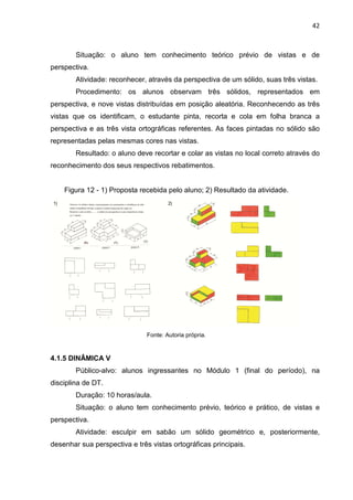 42
Situação: o aluno tem conhecimento teórico prévio de vistas e de
perspectiva.
Atividade: reconhecer, através da perspectiva de um sólido, suas três vistas.
Procedimento: os alunos observam três sólidos, representados em
perspectiva, e nove vistas distribuídas em posição aleatória. Reconhecendo as três
vistas que os identificam, o estudante pinta, recorta e cola em folha branca a
perspectiva e as três vista ortográficas referentes. As faces pintadas no sólido são
representadas pelas mesmas cores nas vistas.
Resultado: o aluno deve recortar e colar as vistas no local correto através do
reconhecimento dos seus respectivos rebatimentos.
Figura 12 - 1) Proposta recebida pelo aluno; 2) Resultado da atividade.
Fonte: Autoria própria.
4.1.5 DINÂMICA V
Público-alvo: alunos ingressantes no Módulo 1 (final do período), na
disciplina de DT.
Duração: 10 horas/aula.
Situação: o aluno tem conhecimento prévio, teórico e prático, de vistas e
perspectiva.
Atividade: esculpir em sabão um sólido geométrico e, posteriormente,
desenhar sua perspectiva e três vistas ortográficas principais.
 