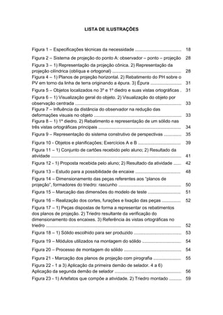 LISTA DE ILUSTRAÇÕES
Figura 1 – Especificações técnicas da necessidade ..................................... 18
Figura 2 – Sistema de projeção do ponto A: observador – ponto – projeção 28
Figura 3 – 1) Representação da projeção cônica. 2) Representação da
projeção cilíndrica (oblíqua e ortogonal) ....................................................... 28
Figura 4 – 1) Planos de projeção horizontal. 2) Rebatimento do PH sobre o
PV em torno da linha de terra originando a épura. 3) Épura ......................... 31
Figura 5 – Objetos localizados no 3º e 1º diedro e suas vistas ortográficas . 31
Figura 6 – 1) Visualização geral do objeto. 2) Visualização do objeto por
observação centrada ..................................................................................... 33
Figura 7 – Influência da distância do observador na redução das
deformações visuais no objeto ...................................................................... 33
Figura 8 – 1) 1º diedro. 2) Rebatimento e representação de um sólido nas
três vistas ortográficas principais .................................................................. 34
Figura 9 – Representação do sistema construtivo de perspectivas .............. 35
Figura 10 - Objetos e planificações; Exercícios A e B .................................. 39
Figura 11 – 1) Conjunto de cartões recebido pelo aluno; 2) Resultado da
atividade ........................................................................................................ 41
Figura 12 - 1) Proposta recebida pelo aluno; 2) Resultado da atividade ...... 42
Figura 13 – Estudo para a possibilidade de encaixe .................................... 48
Figura 14 – Dimensionamento das peças referentes aos “planos de
projeção”, formadores do triedro: rascunho .................................................. 50
Figura 15 – Marcação das dimensões do modelo de teste .......................... 51
Figura 16 – Realização dos cortes, furações e lixação das peças ............... 52
Figura 17 – 1) Peças dispostas de forma a representar os rebatimentos
dos planos de projeção. 2) Triedro resultante da verificação do
dimensionamento dos encaixes. 3) Referência às vistas ortográficas no
triedro ............................................................................................................ 52
Figura 18 – 1) Sólido escolhido para ser produzido ...................................... 53
Figura 19 – Módulos utilizados na montagem do sólido ............................... 54
Figura 20 – Processo de montagem do sólido .............................................. 54
Figura 21 - Marcação dos planos de projeção com pirografia ...................... 55
Figura 22 - 1 a 3) Aplicação da primeira demão de selador. 4 a 6)
Aplicação da segunda demão de selador ..................................................... 56
Figura 23 - 1) Artefatos que compõe a atividade. 2) Triedro montado .......... 59
 