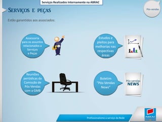 Serviços Realizados Internamente na ABRACJurídicoO associado tem a sua disposição:Patrocínio de direitos da Entidade e sociedades coligadas em procedimentos administrativos e judiciais, nas áreas cível, comercial, trabalhista e tributária;Revisão de contratos em geral, bem como elaboração de alterações pretendidas ao Estatuto Social da Entidade;Representação da Entidade junto ao Conselho Jurídico da FENABRAVE;