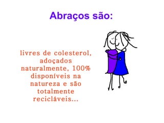 Abraços são:


livres de colesterol,
       adoçados
naturalmente, 100%
    disponíveis na
   natureza e são
      totalmente
     recicláveis...
 
