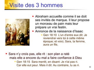 Abraham accueille comme il se doit ses invités de marque. Il leur propose un morceau de pain mais leur prépare un vrai festin. Annonce de la naissance d’Isaac  Gen 18:10  L'un d'entre eux dit: Je reviendrai vers toi à cette même époque; et voici, Sara, ta femme, aura un fils. Visite des 3 hommes  Sara n’y crois pas, elle rit : son plan a raté  mais elle a encore du mal a faire confiance à Dieu Gen 18:15  Sara mentit, en disant: Je n'ai pas ri.  Car elle   eut peur. Mais il dit: Au contraire, tu as ri. 