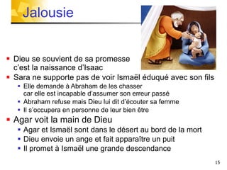 Dieu se souvient de sa promesse c’est la naissance d’Isaac Sara ne supporte pas de voir Ismaël éduqué avec son fils Elle demande à Abraham de les chasser car elle est incapable d’assumer son erreur passé Abraham refuse mais Dieu lui dit d’écouter sa femme Il s’occupera en personne de leur bien être Agar voit la main de Dieu Agar et Ismaël sont dans le désert au bord de la mort Dieu envoie un ange et fait apparaître un puit Il promet à Ismaël une grande descendance Jalousie  