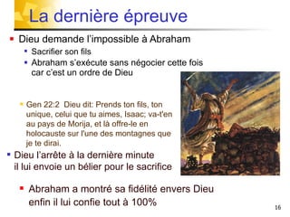 Dieu demande l’impossible à Abraham Sacrifier son fils  Abraham s’exécute sans négocier cette fois  car c’est un ordre de Dieu La dernière épreuve  Gen 22:2  Dieu dit: Prends ton fils, ton unique, celui que tu aimes, Isaac; va-t'en au pays de Morija, et là offre-le en holocauste sur l'une des montagnes que je te dirai. Dieu l’arrête à la dernière minute il lui envoie un bélier pour le sacrifice  Abraham a montré sa fidélité envers Dieu enfin il lui confie tout à 100%  