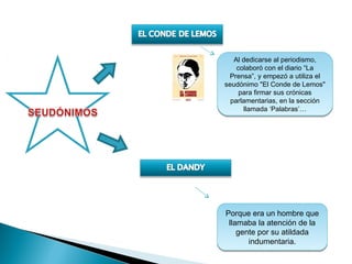 Al dedicarse al periodismo,
   Al dedicarse al periodismo,
    colaboró con el diario “La
    colaboró con el diario “La
 Prensa”, y empezó a utiliza el
 Prensa”, y empezó a utiliza el
seudónimo "El Conde de Lemos"
seudónimo "El Conde de Lemos"
     para firmar sus crónicas
     para firmar sus crónicas
  parlamentarias, en la sección
  parlamentarias, en la sección
      llamada ‘Palabras’…
      llamada ‘Palabras’…




Porque era un hombre que
 llamaba la atención de la
    gente por su atildada
       indumentaria.
 