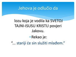 lozu koja je vodila ka SVETOJ
TAJNI-ISUSU KRISTU povjeri
Jakovu.
Rekao je:
“... stariji će sin služiti mlađem.”
Jehova je odlučio da
 