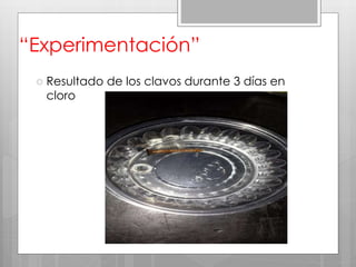 “Experimentación”
 Resultado de los clavos durante 3 días en
cloro
 