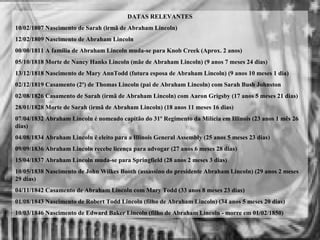 DATAS RELEVANTES
10/02/1807 Nascimento de Sarah (irmã de Abraham Lincoln)
12/02/1809 Nascimento de Abraham Lincoln
00/00/1811 A família de Abraham Lincoln muda-se para Knob Creek (Aprox. 2 anos)
05/10/1818 Morte de Nancy Hanks Lincoln (mãe de Abraham Lincoln) (9 anos 7 meses 24 dias)
13/12/1818 Nascimento de Mary AnnTodd (futura esposa de Abraham Lincoln) (9 anos 10 meses 1 dia)
02/12/1819 Casamento (2º) de Thomas Lincoln (pai de Abraham Lincoln) com Sarah Bush Johnston
02/08/1826 Casamento de Sarah (irmã de Abraham Lincoln) com Aaron Grigsby (17 anos 5 meses 21 dias)
28/01/1828 Morte de Sarah (irmã de Abraham Lincoln) (18 anos 11 meses 16 dias)
07/04/1832 Abraham Lincoln é nomeado capitão do 31º Regimento da Milícia em Illinois (23 anos 1 mês 26
dias)
04/08/1834 Abraham Lincoln é eleito para a Illinois General Assembly (25 anos 5 meses 23 dias)
09/09/1836 Abraham Lincoln recebe licença para advogar (27 anos 6 meses 28 dias)
15/04/1837 Abraham Lincoln muda-se para Springfield (28 anos 2 meses 3 dias)
10/05/1838 Nascimento de John Wilkes Booth (assassino do presidente Abraham Lincoln) (29 anos 2 meses
29 dias)
04/11/1842 Casamento de Abraham Lincoln com Mary Todd (33 anos 8 meses 23 dias)
01/08/1843 Nascimento de Robert Todd Lincoln (filho de Abraham Lincoln) (34 anos 5 meses 20 dias)
10/03/1846 Nascimento de Edward Baker Lincoln (filho de Abraham Lincoln - morre em 01/02/1850)
 