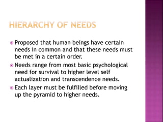  Proposed that human beings have certain
needs in common and that these needs must
be met in a certain order.
 Needs range from most basic psychological
need for survival to higher level self
actualization and transcendence needs.
 Each layer must be fulfilled before moving
up the pyramid to higher needs.
 