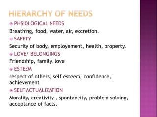  PHSIOLOGICAL NEEDS
Breathing, food, water, air, excretion.
 SAFETY
Security of body, employement, health, property.
 LOVE/ BELONGINGS
Friendship, family, love
 ESTEEM
respect of others, self esteem, confidence,
achievement
 SELF ACTUALIZATION
Morality, creativity , spontaneity, problem solving,
acceptance of facts.
 