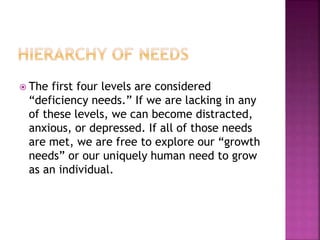 The first four levels are considered
“deficiency needs.” If we are lacking in any
of these levels, we can become distracted,
anxious, or depressed. If all of those needs
are met, we are free to explore our “growth
needs” or our uniquely human need to grow
as an individual.
 