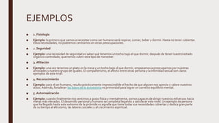 EJEMPLOS
■ 1. Fisiología
■ Ejemplo: lo primero que vamos a necesitar como ser humano será respirar, comer, beber y dormir. Hasta no tener cubiertas
estas necesidades, no podremos centrarnos en otras preocupaciones.
■ 2. Seguridad
■ Ejemplo: una necesidad de seguridad es saber qué tenemos un techo bajo el que dormir, después de tener nuestro estado
orgánico controlado, querremos cubrir este tipo de menester.
■ 3. Afiliación
■ Ejemplo: una vez tenemos un plato en la mesa y un techo bajo el que dormir, empezamos a preocuparnos por nuestras
amistades y nuestro grupo de iguales. El compañerismo, el afecto entre otras persona y la intimidad sexual son claros
ejemplos de este nivel.
■ 4. Reconocimiento
■ Ejemplo: para el ser humano, resulta prácticamente imprescindible el hecho de que alguien nos aprecie y valore nuestros
actos. Además, fortalecer las bases de la autoestima es primordial para lograr un correcto equilibrio mental.
■ 5. Autorrealización
■ Ejemplo: cuando finalmente nos sentimos a gusto física y mentalmente, somos capaces de dirigir nuestros esfuerzos hacia
metas más elevadas. El desarrollo personal y humano se completa llegando a satisfacer este nivel. Un ejemplo de persona
que ha llegado hasta este extremo de la pirámide es aquella que tiene todas sus necesidades cubiertas y dedica gran parte
de su tiempo al altruismo, las labores sociales y al crecimiento espiritual.
 