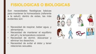FISIOLOGICAS O BIOLOGICAS
Son necesidades fisiológicas básicas
para mantener la homeostasis (referente
a la salud); dentro de estas, las más
evidentes son:
• Necesidad de respirar, beber agua, y
alimentarse.
• Necesidad de mantener el equilibrio
del pH y la temperatura corporal.
• Necesidad de dormir, descansar y
eliminar los desechos.
• Necesidad de evitar el dolor y tener
relaciones sexuales.
 