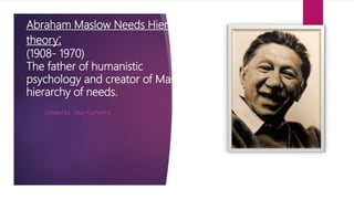 Abraham Maslow Needs Hierarchy
theory:
(1908- 1970)
The father of humanistic
psychology and creator of Maslow's
hierarchy of needs.
Created by : Vijay Kushwaha
 