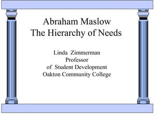 Abraham Maslow
The Hierarchy of Needs
Linda Zimmerman
Professor
of Student Development
Oakton Community College
 