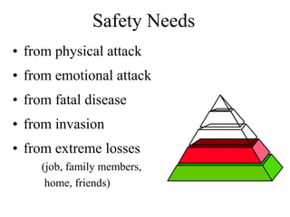 Safety Needs
• from physical attack
• from emotional attack
• from fatal disease
• from invasion
• from extreme losses
(job, family members,
home, friends)
 