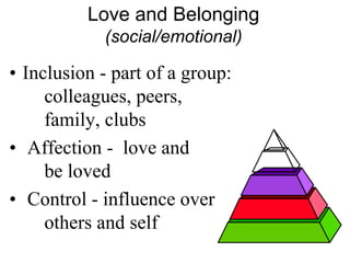 Love and Belonging
(social/emotional)
• Inclusion - part of a group:
colleagues, peers,
family, clubs
• Affection - love and
be loved
• Control - influence over
others and self
 