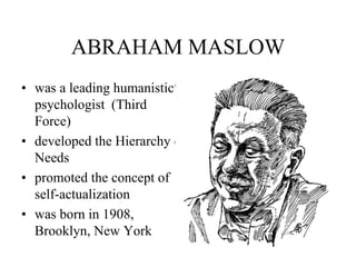 ABRAHAM MASLOW
• was a leading humanistic
psychologist (Third
Force)
• developed the Hierarchy of
Needs
• promoted the concept of
self-actualization
• was born in 1908,
Brooklyn, New York
 