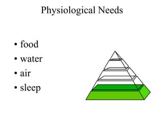 Physiological Needs
• food
• water
• air
• sleep
 