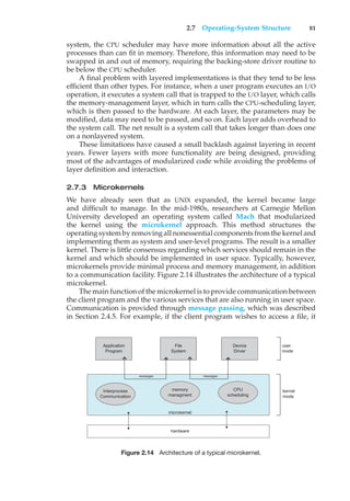 2.7 Operating-System Structure 81
system, the CPU scheduler may have more information about all the active
processes than can fit in memory. Therefore, this information may need to be
swapped in and out of memory, requiring the backing-store driver routine to
be below the CPU scheduler.
A final problem with layered implementations is that they tend to be less
efficient than other types. For instance, when a user program executes an I/O
operation, it executes a system call that is trapped to the I/O layer, which calls
the memory-management layer, which in turn calls the CPU-scheduling layer,
which is then passed to the hardware. At each layer, the parameters may be
modified, data may need to be passed, and so on. Each layer adds overhead to
the system call. The net result is a system call that takes longer than does one
on a nonlayered system.
These limitations have caused a small backlash against layering in recent
years. Fewer layers with more functionality are being designed, providing
most of the advantages of modularized code while avoiding the problems of
layer definition and interaction.
2.7.3 Microkernels
We have already seen that as UNIX expanded, the kernel became large
and difficult to manage. In the mid-1980s, researchers at Carnegie Mellon
University developed an operating system called Mach that modularized
the kernel using the microkernel approach. This method structures the
operating system by removing all nonessential components from the kernel and
implementing them as system and user-level programs. The result is a smaller
kernel. There is little consensus regarding which services should remain in the
kernel and which should be implemented in user space. Typically, however,
microkernels provide minimal process and memory management, in addition
to a communication facility. Figure 2.14 illustrates the architecture of a typical
microkernel.
The main function of the microkernel is to provide communication between
the client program and the various services that are also running in user space.
Communication is provided through message passing, which was described
in Section 2.4.5. For example, if the client program wishes to access a file, it
Application
Program
File
System
Device
Driver
Interprocess
Communication
memory
managment
CPU
scheduling
messages
messages
microkernel
hardware
user
mode
kernel
mode
Figure 2.14 Architecture of a typical microkernel.
 