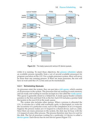 3.2 Process Scheduling 111
queue header PCB7
PCB3
PCB5
PCB14 PCB6
PCB2
head
head
head
head
head
ready
queue
disk
unit 0
terminal
unit 0
mag
tape
unit 0
mag
tape
unit 1
tail registers registers
tail
tail
tail
tail
•
•
•
•
•
•
•
•
•
Figure 3.5 The ready queue and various I/O device queues.
while it is running. To meet these objectives, the process scheduler selects
an available process (possibly from a set of several available processes) for
program execution on the CPU. For a single-processor system, there will never
be more than one running process. If there are more processes, the rest will
have to wait until the CPU is free and can be rescheduled.
3.2.1 Scheduling Queues
As processes enter the system, they are put into a job queue, which consists
of all processes in the system. The processes that are residing in main memory
and are ready and waiting to execute are kept on a list called the ready queue.
This queue is generally stored as a linked list. A ready-queue header contains
pointers to the first and final PCBs in the list. Each PCB includes a pointer field
that points to the next PCB in the ready queue.
The system also includes other queues. When a process is allocated the
CPU, it executes for a while and eventually quits, is interrupted, or waits for
the occurrence of a particular event, such as the completion of an I/O request.
Suppose the process makes an I/O request to a shared device, such as a disk.
Since there are many processes in the system, the disk may be busy with the
I/O request of some other process. The process therefore may have to wait for
the disk. The list of processes waiting for a particular I/O device is called a
device queue. Each device has its own device queue (Figure 3.5).
 
