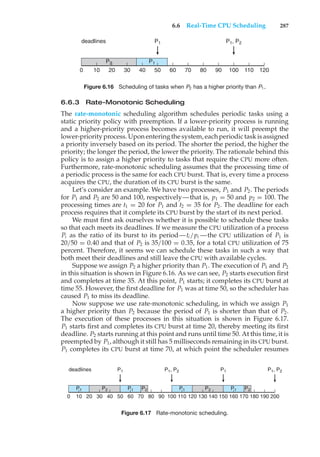 6.6 Real-Time CPU Scheduling 287
0 10 20 30 40 50 60 70 80 120
90 100 110
P1
P1
P1, P2
P2
deadlines
Figure 6.16 Scheduling of tasks when P2 has a higher priority than P1.
6.6.3 Rate-Monotonic Scheduling
The rate-monotonic scheduling algorithm schedules periodic tasks using a
static priority policy with preemption. If a lower-priority process is running
and a higher-priority process becomes available to run, it will preempt the
lower-priorityprocess. Uponenteringthe system, eachperiodictaskisassigned
a priority inversely based on its period. The shorter the period, the higher the
priority; the longer the period, the lower the priority. The rationale behind this
policy is to assign a higher priority to tasks that require the CPU more often.
Furthermore, rate-monotonic scheduling assumes that the processing time of
a periodic process is the same for each CPU burst. That is, every time a process
acquires the CPU, the duration of its CPU burst is the same.
Let’s consider an example. We have two processes, P1 and P2. The periods
for P1 and P2 are 50 and 100, respectively—that is, p1 = 50 and p2 = 100. The
processing times are t1 = 20 for P1 and t2 = 35 for P2. The deadline for each
process requires that it complete its CPU burst by the start of its next period.
We must first ask ourselves whether it is possible to schedule these tasks
so that each meets its deadlines. If we measure the CPU utilization of a process
Pi as the ratio of its burst to its period—ti /pi —the CPU utilization of P1 is
20/50 = 0.40 and that of P2 is 35/100 = 0.35, for a total CPU utilization of 75
percent. Therefore, it seems we can schedule these tasks in such a way that
both meet their deadlines and still leave the CPU with available cycles.
Suppose we assign P2 a higher priority than P1. The execution of P1 and P2
in this situation is shown in Figure 6.16. As we can see, P2 starts execution first
and completes at time 35. At this point, P1 starts; it completes its CPU burst at
time 55. However, the first deadline for P1 was at time 50, so the scheduler has
caused P1 to miss its deadline.
Now suppose we use rate-monotonic scheduling, in which we assign P1
a higher priority than P2 because the period of P1 is shorter than that of P2.
The execution of these processes in this situation is shown in Figure 6.17.
P1 starts first and completes its CPU burst at time 20, thereby meeting its first
deadline. P2 starts running at this point and runs until time 50. At this time, it is
preempted by P1, although it still has 5 milliseconds remaining in its CPU burst.
P1 completes its CPU burst at time 70, at which point the scheduler resumes
0 10 20 30 40 50 60 70 80 120 130 140 150 160 170 180 190 200
90 100 110
P1
P1
P1, P2
P1 P2
deadlines P1, P2
P1
P2 P1 P2 P1 P2
Figure 6.17 Rate-monotonic scheduling.
 