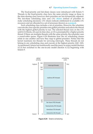 6.7 Operating-System Examples 299
The fixed-priority and fair-share classes were introduced with Solaris 9.
Threads in the fixed-priority class have the same priority range as those in
the time-sharing class; however, their priorities are not dynamically adjusted.
The fair-share scheduling class uses CPU shares instead of priorities to
make scheduling decisions. CPU shares indicate entitlement to available CPU
resources and are allocated to a set of processes (known as a project).
Each scheduling class includes a set of priorities. However, the scheduler
converts the class-specific priorities into global priorities and selects the thread
with the highest global priority to run. The selected thread runs on the CPU
until it (1) blocks, (2) uses its time slice, or (3) is preempted by a higher-priority
thread. If there are multiple threads with the same priority, the scheduler uses
a round-robin queue. Figure 6.24 illustrates how the six scheduling classes
relate to one another and how they map to global priorities. Notice that the
kernel maintains ten threads for servicing interrupts. These threads do not
belong to any scheduling class and execute at the highest priority (160–169).
As mentioned, Solaris has traditionally used the many-to-many model (Section
4.3.3) but switched to the one-to-one model (Section 4.3.2) beginning with
Solaris 9.
interrupt threads
169
highest
lowest
first
scheduling
order
global
priority
last
160
159
100
60
59
0
99
realtime (RT) threads
system (SYS) threads
fair share (FSS) threads
fixed priority (FX) threads
timeshare (TS) threads
interactive (IA) threads
Figure 6.24 Solaris scheduling.
 
