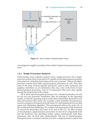 1.3 Computer-System Architecture 13
thread of execution
instructions
and
data
instruction execution
cycle
data movement
DMA
memory
interrupt
cache
data
I/O
request
CPU (*N)
device
(*M)
Figure 1.5 How a modern computer system works.
can categorize roughly according to the number of general-purpose processors
used.
1.3.1 Single-Processor Systems
Until recently, most computer systems used a single processor. On a single-
processor system, there is one main CPU capable of executing a general-purpose
instruction set, including instructions from user processes. Almost all single-
processor systems have other special-purpose processors as well. They may
come in the form of device-specific processors, such as disk, keyboard, and
graphics controllers; or, on mainframes, they may come in the form of more
general-purpose processors, such as I/O processors that move data rapidly
among the components of the system.
All of these special-purpose processors run a limited instruction set and
do not run user processes. Sometimes, they are managed by the operating
system, in that the operating system sends them information about their next
task and monitors their status. For example, a disk-controller microprocessor
receives a sequence of requests from the main CPU and implements its own disk
queue and scheduling algorithm. This arrangement relieves the main CPU of
the overhead of disk scheduling. PCs contain a microprocessor in the keyboard
to convert the keystrokes into codes to be sent to the CPU. In other systems
or circumstances, special-purpose processors are low-level components built
into the hardware. The operating system cannot communicate with these
processors; they do their jobs autonomously. The use of special-purpose
microprocessors is common and does not turn a single-processor system into
 