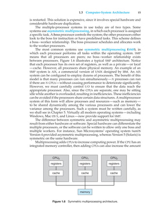 1.3 Computer-System Architecture 15
is restarted. This solution is expensive, since it involves special hardware and
considerable hardware duplication.
The multiple-processor systems in use today are of two types. Some
systems use asymmetric multiprocessing, in which each processor is assigned
a specific task. A boss processor controls the system; the other processors either
look to the boss for instruction or have predefined tasks. This scheme defines
a boss–worker relationship. The boss processor schedules and allocates work
to the worker processors.
The most common systems use symmetric multiprocessing (SMP), in
which each processor performs all tasks within the operating system. SMP
means that all processors are peers; no boss–worker relationship exists
between processors. Figure 1.6 illustrates a typical SMP architecture. Notice
that each processor has its own set of registers, as well as a private—or local
—cache. However, all processors share physical memory. An example of an
SMP system is AIX, a commercial version of UNIX designed by IBM. An AIX
system can be configured to employ dozens of processors. The benefit of this
model is that many processes can run simultaneously—N processes can run
if there are N CPUs—without causing performance to deteriorate significantly.
However, we must carefully control I/O to ensure that the data reach the
appropriate processor. Also, since the CPUs are separate, one may be sitting
idle while another is overloaded, resulting in inefficiencies. These inefficiencies
can be avoided if the processors share certain data structures. A multiprocessor
system of this form will allow processes and resources—such as memory—
to be shared dynamically among the various processors and can lower the
variance among the processors. Such a system must be written carefully, as
we shall see in Chapter 5. Virtually all modern operating systems—including
Windows, Mac OS X, and Linux—now provide support for SMP.
The difference between symmetric and asymmetric multiprocessing may
result from either hardware or software. Special hardware can differentiate the
multiple processors, or the software can be written to allow only one boss and
multiple workers. For instance, Sun Microsystems’ operating system SunOS
Version 4 provided asymmetric multiprocessing, whereas Version 5 (Solaris) is
symmetric on the same hardware.
Multiprocessing adds CPUs to increase computing power. If the CPU has an
integrated memory controller, then adding CPUs can also increase the amount
CPU0
registers
cache
CPU1
registers
cache
CPU2
registers
cache
memory
Figure 1.6 Symmetric multiprocessing architecture.
 