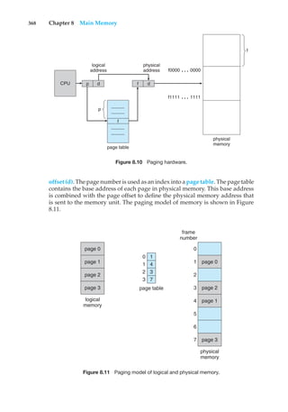 368 Chapter 8 Main Memory
physical
memory
f
logical
address
page table
physical
address
CPU p
p
f
d d
f
f0000 … 0000
f1111 … 1111
Figure 8.10 Paging hardware.
offset (d). The page number is used as an index into a page table. The page table
contains the base address of each page in physical memory. This base address
is combined with the page offset to define the physical memory address that
is sent to the memory unit. The paging model of memory is shown in Figure
8.11.
page 0
page 1
page 2
page 3
logical
memory
page 1
page 3
page 0
page 2
physical
memory
page table
frame
number
1
4
3
7
0
1
2
3
0
1
2
3
4
5
6
7
Figure 8.11 Paging model of logical and physical memory.
 