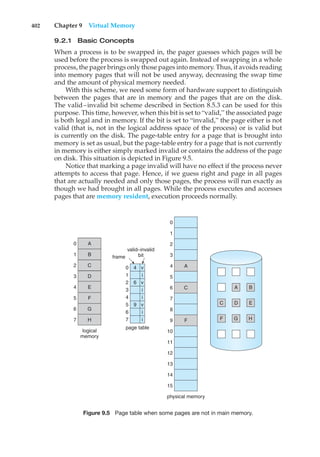 402 Chapter 9 Virtual Memory
9.2.1 Basic Concepts
When a process is to be swapped in, the pager guesses which pages will be
used before the process is swapped out again. Instead of swapping in a whole
process, the pager brings only those pages into memory. Thus, it avoids reading
into memory pages that will not be used anyway, decreasing the swap time
and the amount of physical memory needed.
With this scheme, we need some form of hardware support to distinguish
between the pages that are in memory and the pages that are on the disk.
The valid–invalid bit scheme described in Section 8.5.3 can be used for this
purpose. This time, however, when this bit is set to “valid,” the associated page
is both legal and in memory. If the bit is set to “invalid,” the page either is not
valid (that is, not in the logical address space of the process) or is valid but
is currently on the disk. The page-table entry for a page that is brought into
memory is set as usual, but the page-table entry for a page that is not currently
in memory is either simply marked invalid or contains the address of the page
on disk. This situation is depicted in Figure 9.5.
Notice that marking a page invalid will have no effect if the process never
attempts to access that page. Hence, if we guess right and page in all pages
that are actually needed and only those pages, the process will run exactly as
though we had brought in all pages. While the process executes and accesses
pages that are memory resident, execution proceeds normally.
B
D
D E
F
H
logical
memory
valid–invalid
bit
frame
page table
1
0 4
6
2
3
4
5 9
6
7
1
0
2
3
4
5
6
7
i
v
v
i
i
v
i
i
physical memory
A
A B
C
C
F G H
F
1
0
2
3
4
5
6
7
9
8
10
11
12
13
14
15
A
C
E
G
Figure 9.5 Page table when some pages are not in main memory.
 