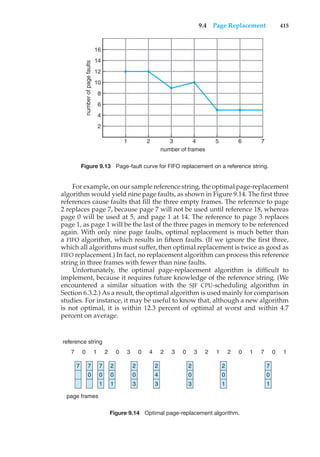9.4 Page Replacement 415
number
of
page
faults
16
14
12
10
8
6
4
2
1 2 3
number of frames
4 5 6 7
Figure 9.13 Page-fault curve for FIFO replacement on a reference string.
For example, on our sample reference string, the optimal page-replacement
algorithm would yield nine page faults, as shown in Figure 9.14. The first three
references cause faults that fill the three empty frames. The reference to page
2 replaces page 7, because page 7 will not be used until reference 18, whereas
page 0 will be used at 5, and page 1 at 14. The reference to page 3 replaces
page 1, as page 1 will be the last of the three pages in memory to be referenced
again. With only nine page faults, optimal replacement is much better than
a FIFO algorithm, which results in fifteen faults. (If we ignore the first three,
which all algorithms must suffer, then optimal replacement is twice as good as
FIFO replacement.) In fact, no replacement algorithm can process this reference
string in three frames with fewer than nine faults.
Unfortunately, the optimal page-replacement algorithm is difficult to
implement, because it requires future knowledge of the reference string. (We
encountered a similar situation with the SJF CPU-scheduling algorithm in
Section 6.3.2.) As a result, the optimal algorithm is used mainly for comparison
studies. For instance, it may be useful to know that, although a new algorithm
is not optimal, it is within 12.3 percent of optimal at worst and within 4.7
percent on average.
page frames
reference string
7 7
0
7
0
1
2
0
1
2
0
3
2
4
3
2
0
3
7
0
1
2
0
1
7 0 1 2 0 3 0 4 2 3 0 7 1
1 0
2 1 2
0 3
Figure 9.14 Optimal page-replacement algorithm.
 
