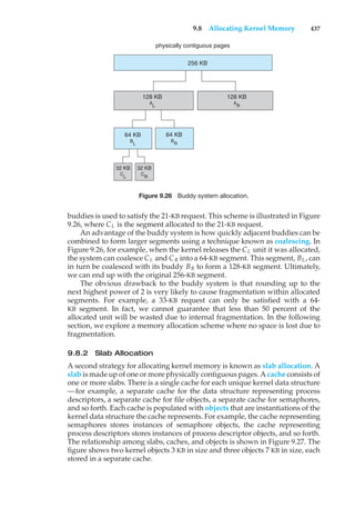 9.8 Allocating Kernel Memory 437
physically contiguous pages
256 KB
128 KB
A
L
64 KB
B
R
64 KB
B
L
32 KB
C
L
32 KB
C
R
128 KB
A
R
Figure 9.26 Buddy system allocation.
buddies is used to satisfy the 21-KB request. This scheme is illustrated in Figure
9.26, where CL is the segment allocated to the 21-KB request.
An advantage of the buddy system is how quickly adjacent buddies can be
combined to form larger segments using a technique known as coalescing. In
Figure 9.26, for example, when the kernel releases the CL unit it was allocated,
the system can coalesce CL and CR into a 64-KB segment. This segment, BL, can
in turn be coalesced with its buddy BR to form a 128-KB segment. Ultimately,
we can end up with the original 256-KB segment.
The obvious drawback to the buddy system is that rounding up to the
next highest power of 2 is very likely to cause fragmentation within allocated
segments. For example, a 33-KB request can only be satisfied with a 64-
KB segment. In fact, we cannot guarantee that less than 50 percent of the
allocated unit will be wasted due to internal fragmentation. In the following
section, we explore a memory allocation scheme where no space is lost due to
fragmentation.
9.8.2 Slab Allocation
A second strategy for allocating kernel memory is known as slab allocation. A
slab is made up of one or more physically contiguous pages. A cache consists of
one or more slabs. There is a single cache for each unique kernel data structure
—for example, a separate cache for the data structure representing process
descriptors, a separate cache for file objects, a separate cache for semaphores,
and so forth. Each cache is populated with objects that are instantiations of the
kernel data structure the cache represents. For example, the cache representing
semaphores stores instances of semaphore objects, the cache representing
process descriptors stores instances of process descriptor objects, and so forth.
The relationship among slabs, caches, and objects is shown in Figure 9.27. The
figure shows two kernel objects 3 KB in size and three objects 7 KB in size, each
stored in a separate cache.
 