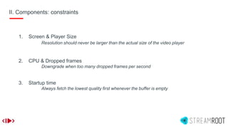 II. Components: constraints
1. Screen & Player Size
Resolution should never be larger than the actual size of the video player
2. CPU & Dropped frames
Downgrade when too many dropped frames per second
3. Startup time
Always fetch the lowest quality first whenever the buffer is empty
 