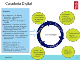 www.bl.uk 10
Curadoria Digital
Estabelecer
vários canais
de acesso à
coleção
Incentivar a
criação e
manipulação de
base de dados
por usuários
Apoio à
pesquisa e
educação
Objetivos:
 Infra-estrutura de acesso,
depósito e preservação de
conteudos digitais
 Criação extensiva de coleções
digitais
 Promoção e utilização de novas
ferramentas aplicadas ao acervo
digital: anotação, visualisação,
comparação, análise, etc.
 Informação sobre novos métodos e
modelos em pesquisa digital
 Promover uma maior colaboração
entre técnicos, pesquisadores e
bibliotecários
Alcançados através de:
 Projetos colaborativos
 Pataformas interoperacionais
 Conexão entre base de dados e
ferramentas de pesquisa Criação de
Novos modelos
e métodos de
pesquisa
Conteúdo Digital
 Treinamento e
suporte
profissional
 