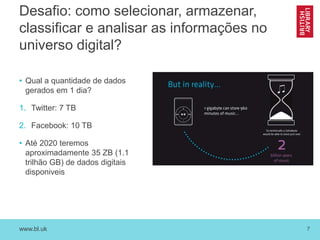 www.bl.uk 7
Desafio: como selecionar, armazenar,
classificar e analisar as informações no
universo digital?
• Qual a quantidade de dados
gerados em 1 dia?
1. Twitter: 7 TB
2. Facebook: 10 TB
• Até 2020 teremos
aproximadamente 35 ZB (1.1
trilhão GB) de dados digitais
disponiveis
 