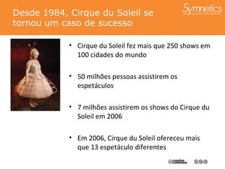 Desde 1984, Cirque du Soleil se tornou um caso de sucesso Cirque du Soleil fez mais que 250 shows em 100 cidades do mundo 50 milhões pessoas assistirem os espetáculos 7 milhões assistirem os shows do Cirque du Soleil em 2006 Em 2006, Cirque du Soleil ofereceu mais que 13 espetáculo diferentes 