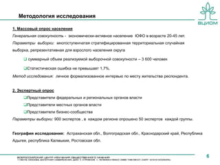 Методология исследования

1. Массовый опрос населения
Генеральная совокупность - экономически-активное население ЮФО в возрасте 20-45 лет.
Параметры выборки: многоступенчатая стратифицированная территориальная случайная
выборка, репрезентативная для взрослого населения округа

      суммарный объем реализуемой выборочной совокупности – 3 600 человек

     Статистическая ошибка не превышает 1,7%.
Метод исследования: личное формализованное интервью по месту жительства респондента.


2. Экспертный опрос
     Представители федеральных и региональных органов власти
     Представители местных органов власти
     Представители бизнес-сообщества
Параметры выборки: 900 экспертов , в каждом регионе опрошено 50 экспертов каждой группы.


География исследования: Астраханская обл., Волгоградская обл., Краснодарский край, Республика
Адыгея, республика Калмыкия, Ростовская обл.


                                                                                                6
 
