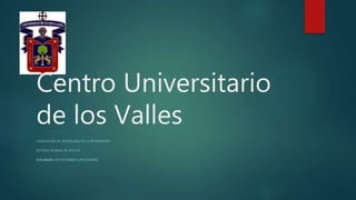Centro Universitario
de los Valles
LICENCIATURA EN TECNOLOGÍAS DE LA INFORMACIÓN
SISTEMAS DE BASES DE DATOS II
ESTUDIANTE: HECTOR FABIAN LOPEZ RAMÍREZ
 